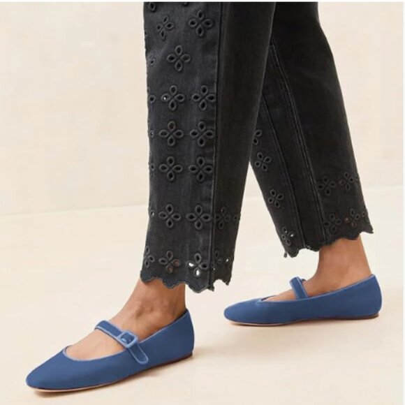 Miss Left Blue Velvet Buckle Strap Mary Janes Classic Round Toe Ballet Flats - Picture 1 of 8